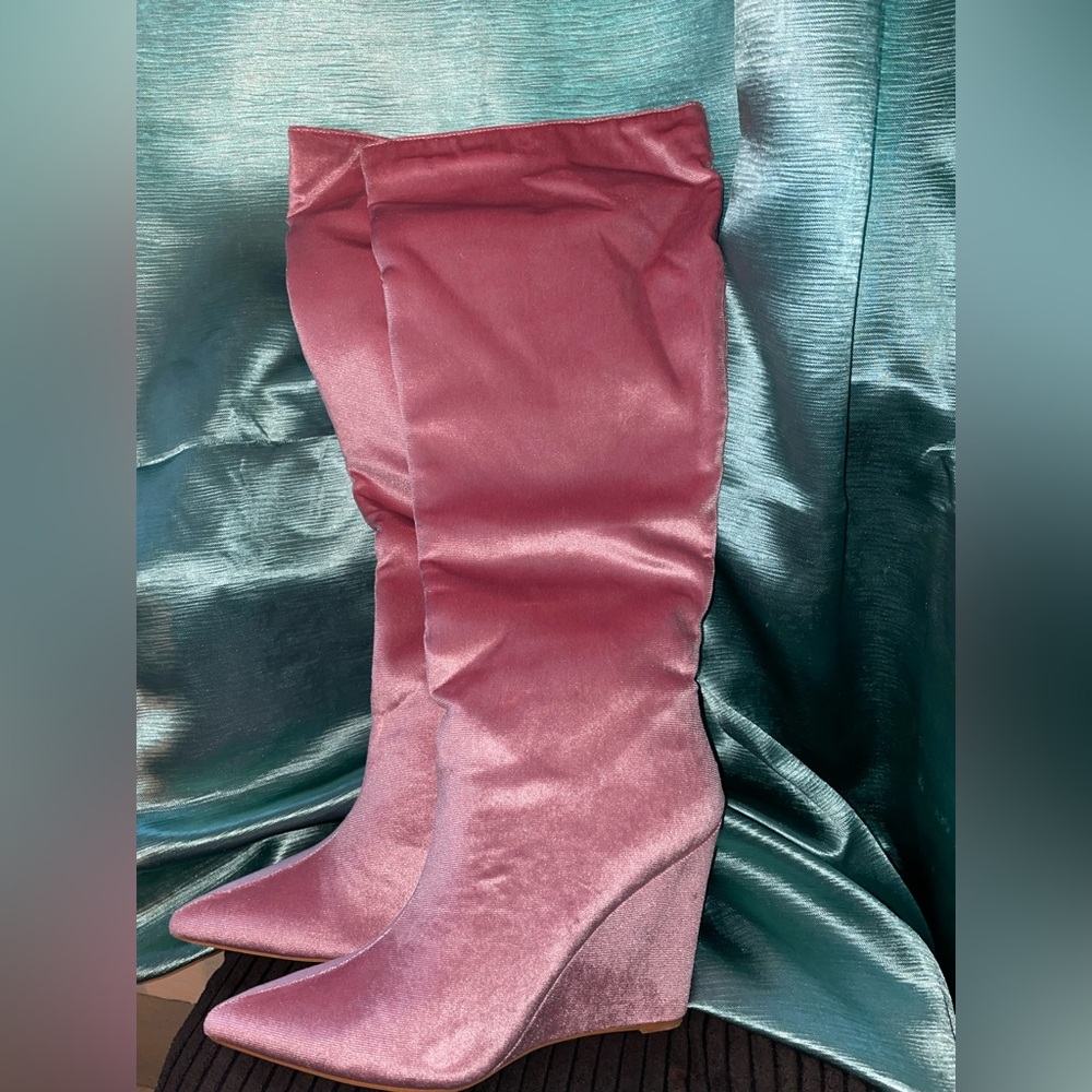 Fashion Nova Pink Satin Wedge Boots